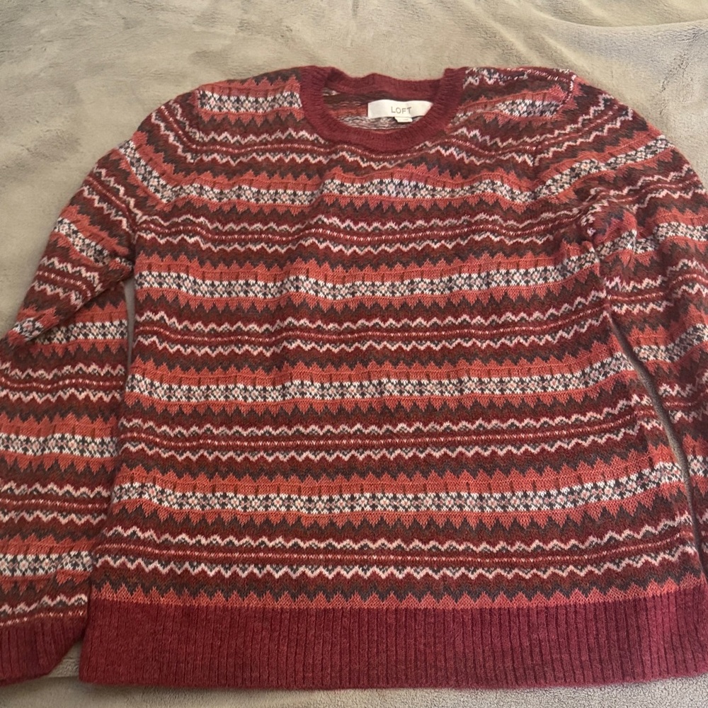 LOFT  Burgundy Patterned Crewneck Sweater
